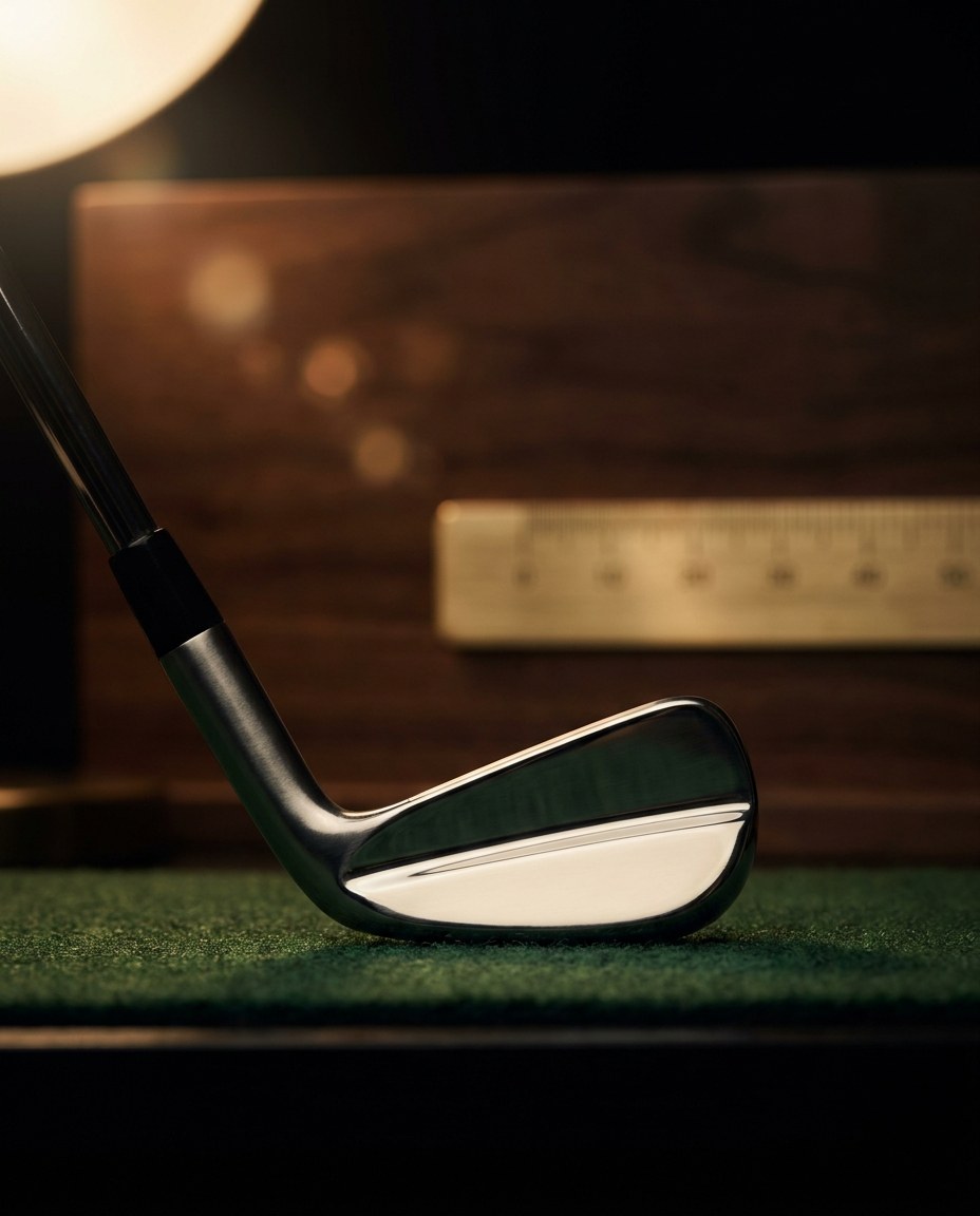 Forged blade iron at address on a fitting mat, Precision Golf SG performance studio