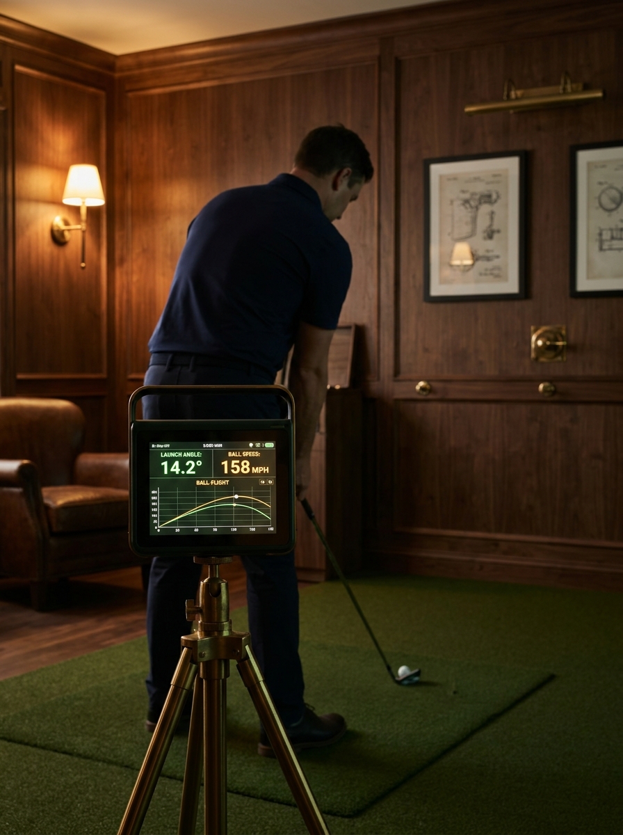 A golfer on the launch monitor in the Precision Golf fitting bay, ball-flight data visible on screen.