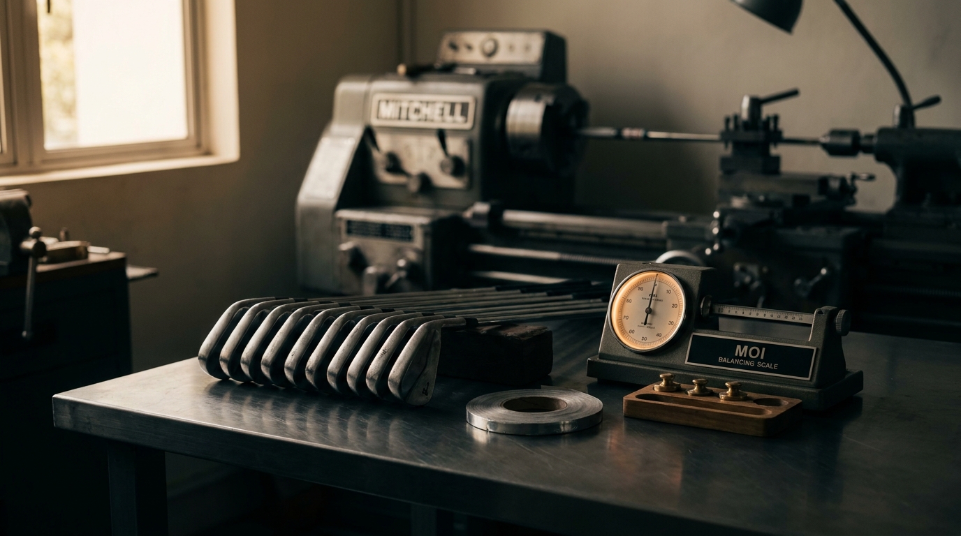 A fitting bench at Precision Golf SG in Singapore: a row of forged iron heads, lead tape, brass tip weights, an MOI balancing scale and a Mitchell lathe in the background