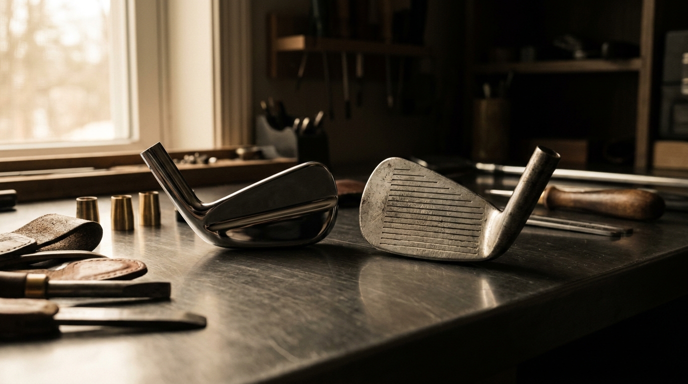 A row of new golf clubs standing beside a launch monitor in a Precision Golf SG fitting bay, ball-flight numbers on the screen