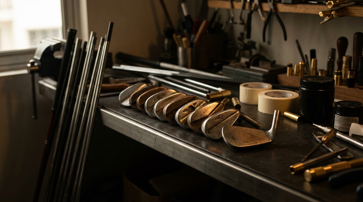 Iron heads and shafts from several different makers laid together on the bench at Precision Golf SG, showing a fitter who works across brands