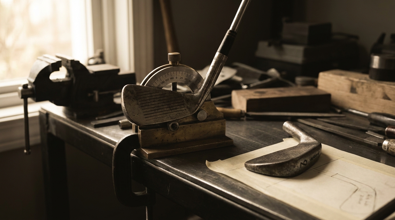 A row of irons stood in a Precision Golf SG fitting bay with impact tape on the soles and a launch monitor on the mat behind them