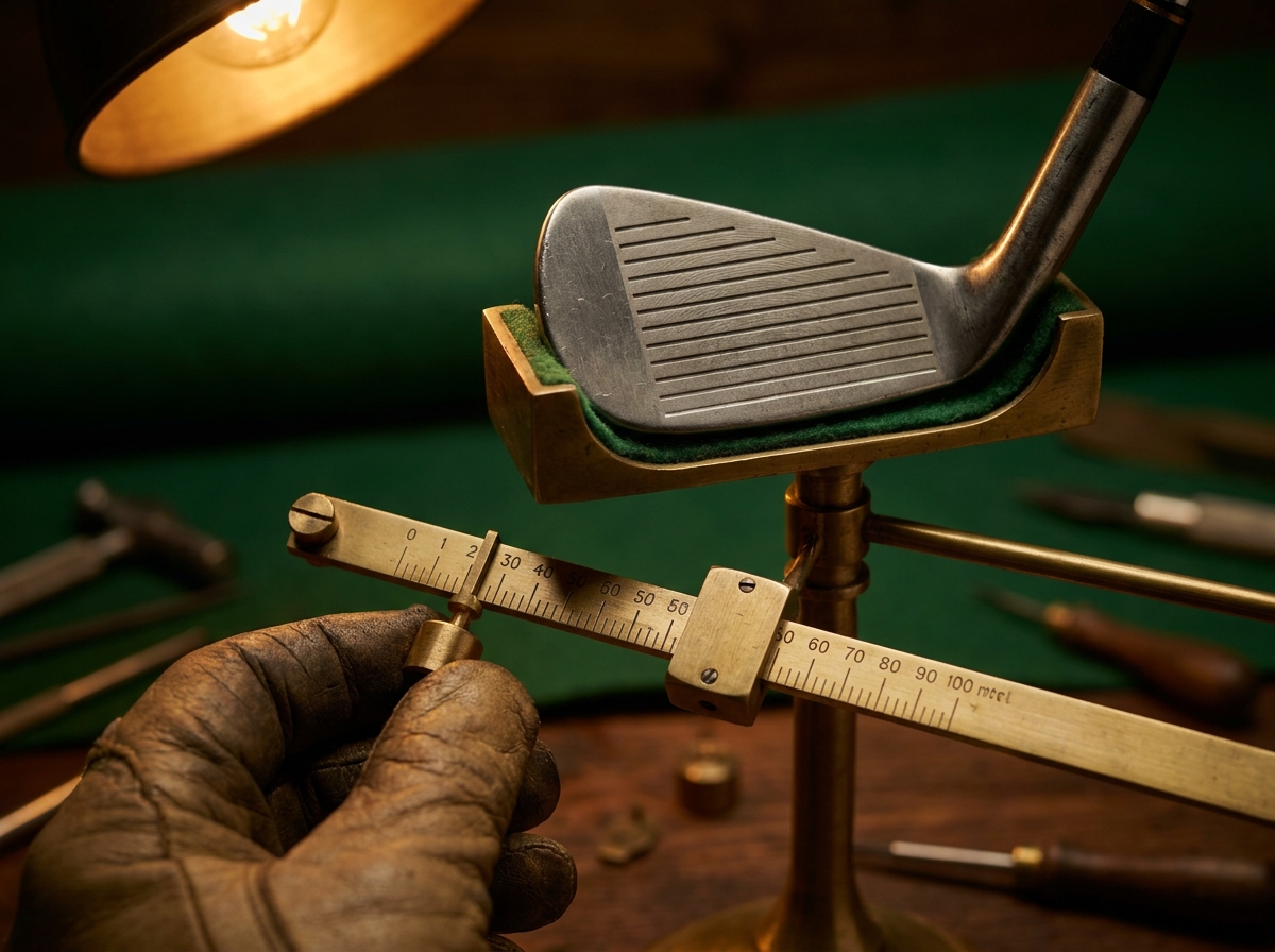 A brass swing-weight balance instrument calibrating a forged iron in the Precision Golf studio.