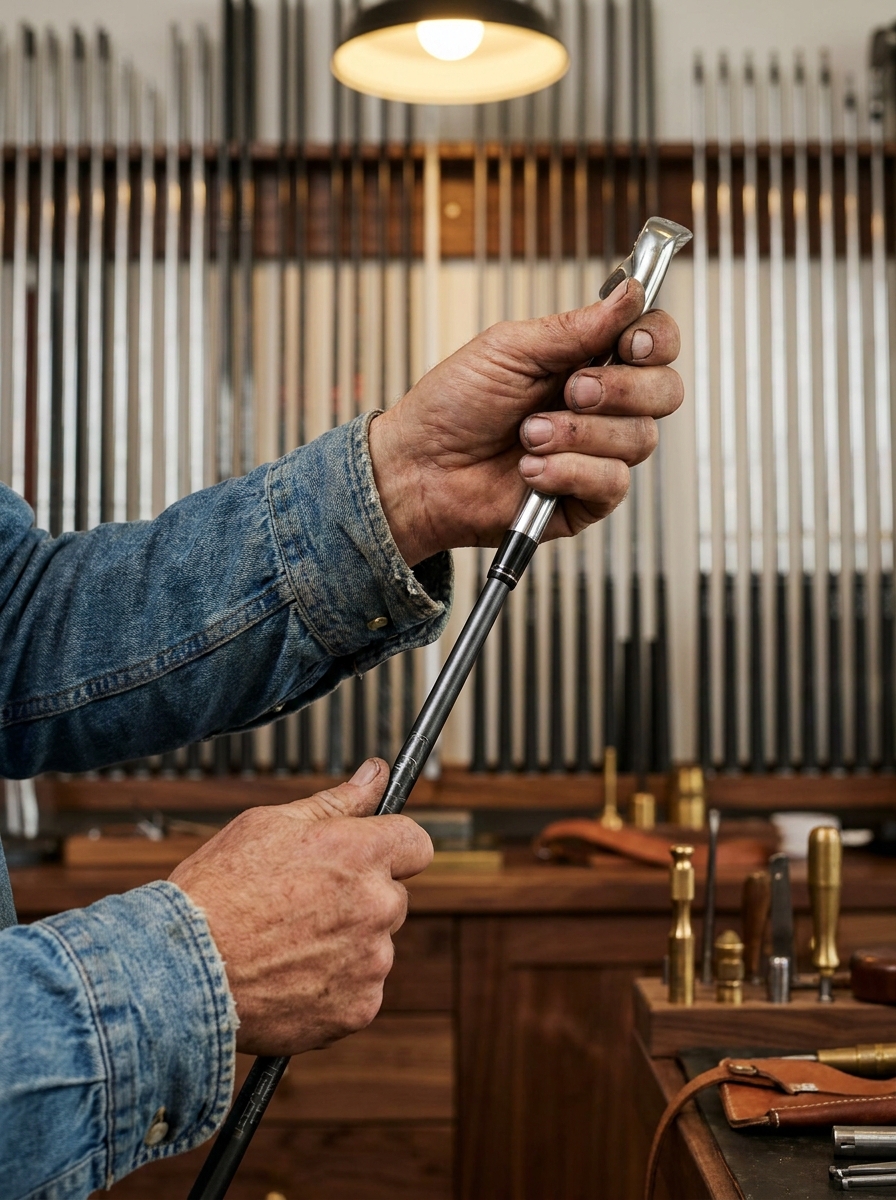 A craftsman swapping a graphite shaft against a wall of organised shaft samples.