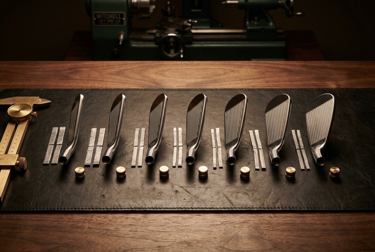 Forged iron heads laid on a black leather bench with lead tape and brass tip weights, Mitchell lathe in the background