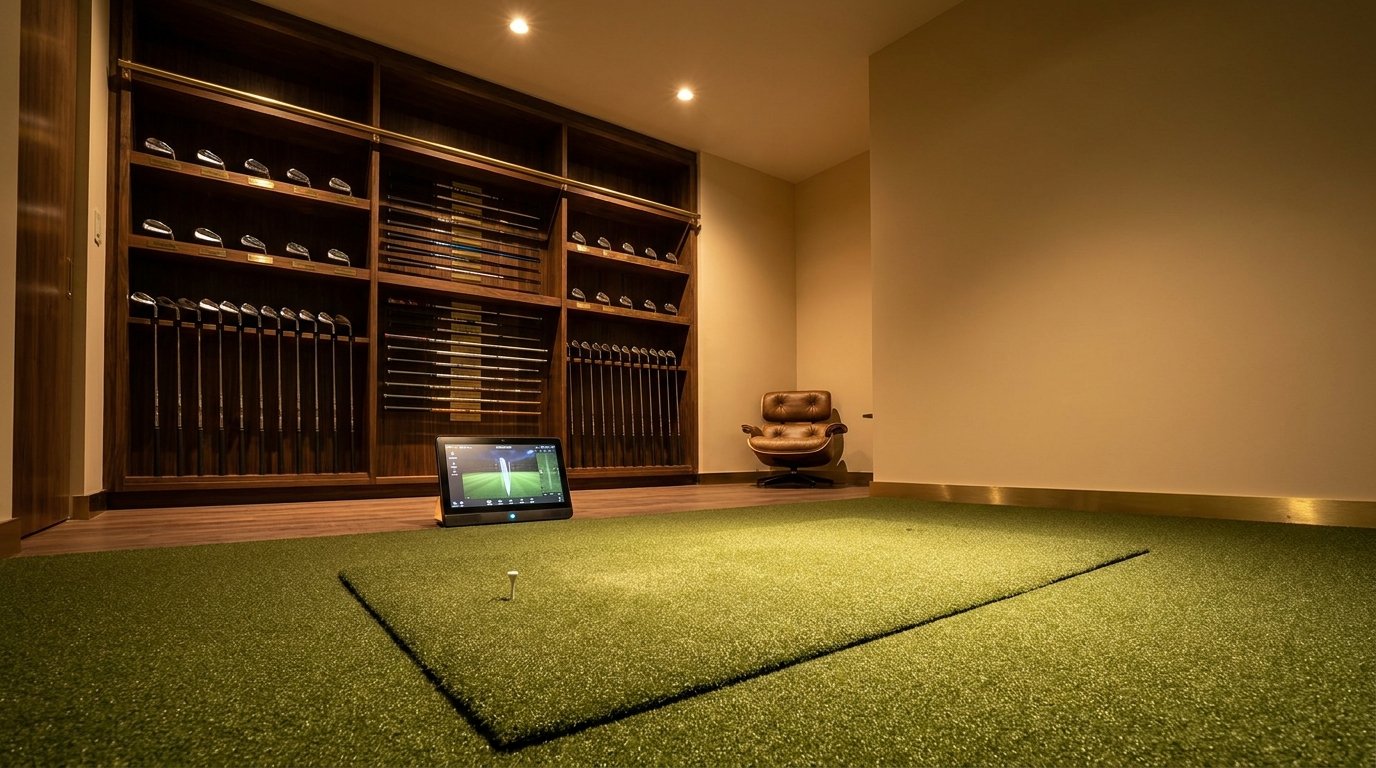 Precision Golf SG performance studio interior with launch monitor, hitting bay and dark walnut shelving
